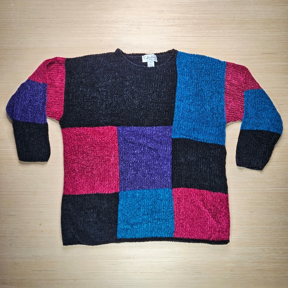 Vintage Patchwork Chenille Knit Multicolor Extra Point Sweater Women 1X Pullover